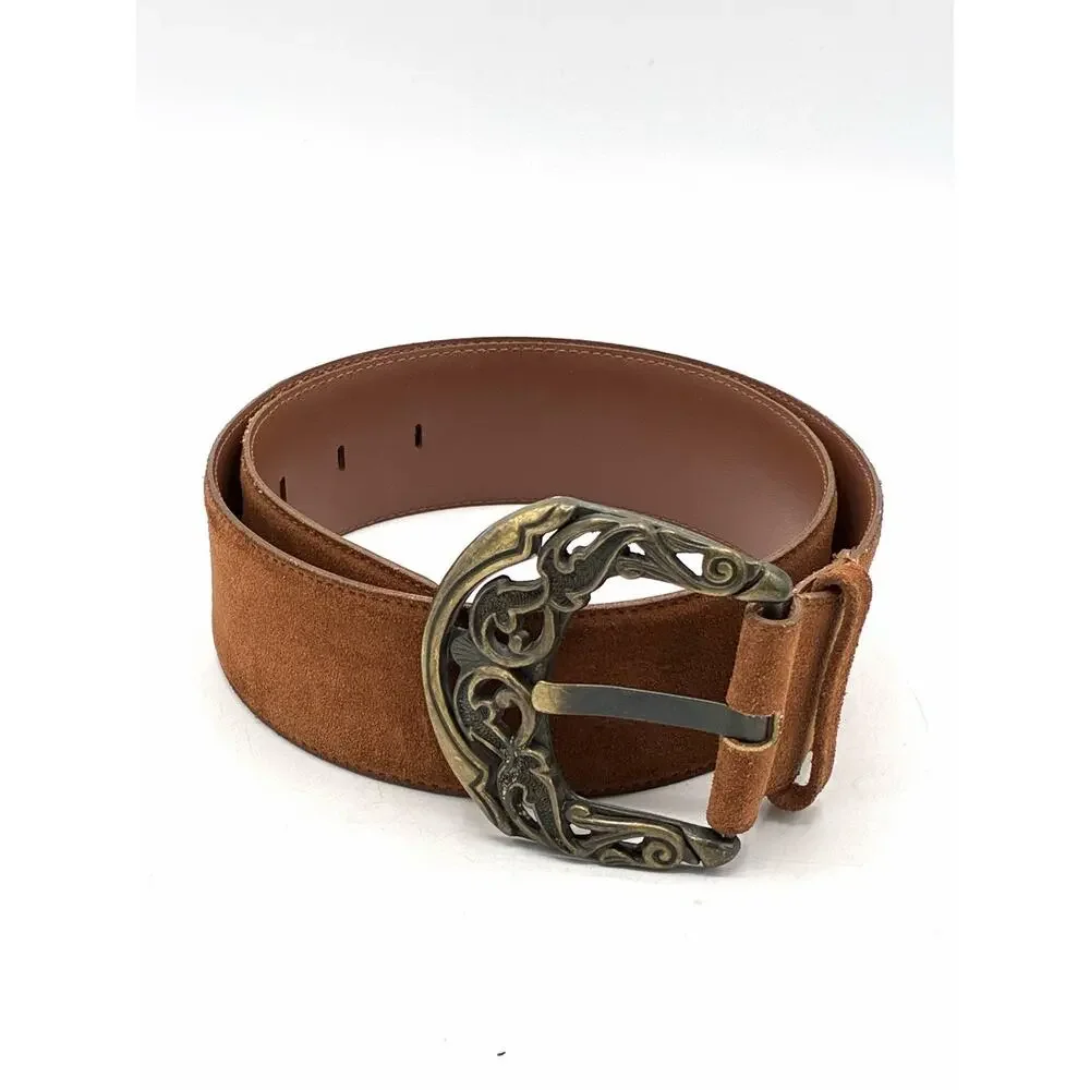 Wide Cognac Suede Belt 30-34 Inch Ornate Antiqued Brass Scroll Buckle Boho M/L